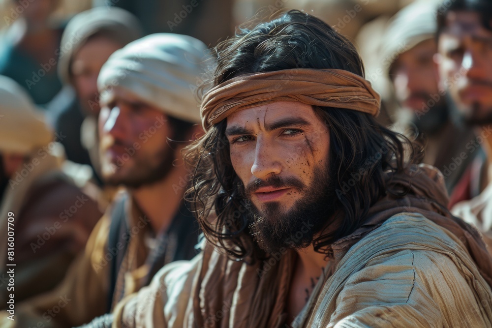 Jesus talking to his disciples in the desert, close up shot of Jesus with long hair and beard wearing simple robes sitting among other men dressed simply, in ancient Jerusalem's desert Jesus talking to his disciples in the desert, close up shot of Jesus with long hair and beard wearing simple robes sitting among other men dressed simply, in ancient Jerusalem's desert