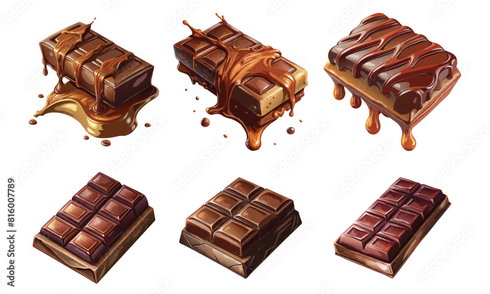 Delicious chocolate bars collection set with dripping vector set illustration clipart isolated on white background Delicious chocolate bars collection set with dripping vector set illustration clipart isolated on white background
