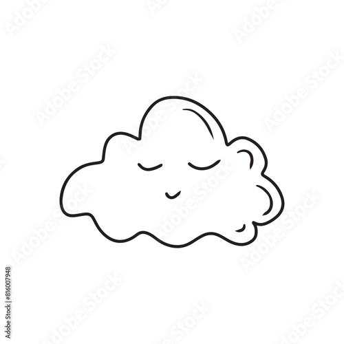 Happy cute cloud with sleep face as a symbol of sleep, day dream, slumber in black isolated on white background. Hand drawn vector sketch illustration in doodle engraved line art vintage style