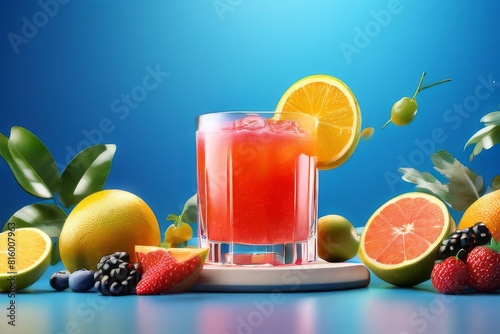 Strawberry Juice with ice decorated Glass kept on a podium with fruits  a summer drink refreshment on tropical concept background with slices mixed fruits  tropical juice concept  