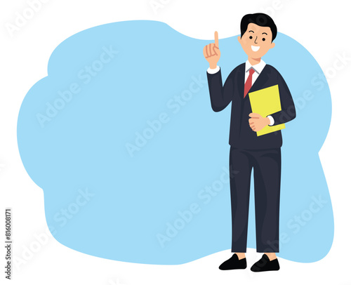 portrait businessman standing holding form with hands pointing finger up to copy space or advertising concept and announcement