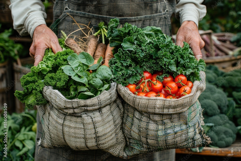 Fototapeta premium Hands holding fresh vegetables at the market