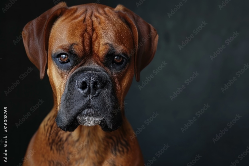 Close-up intense portrait of a soulful and expressive purebred boxer dog with a dark background. Showcasing its loyalty. Intelligence. And serious yet beautiful and detailed expression