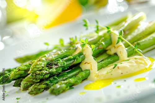 Photo of a gourmet dish featuring grilled asparagus as the star, beautifully plated with a lemon butter drizzle and garnished with finely chopped herbs