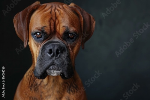 Close-up intense portrait of a soulful and expressive purebred boxer dog with a dark background. Showcasing its loyalty. Intelligence. And serious yet beautiful and detailed expression © anatolir