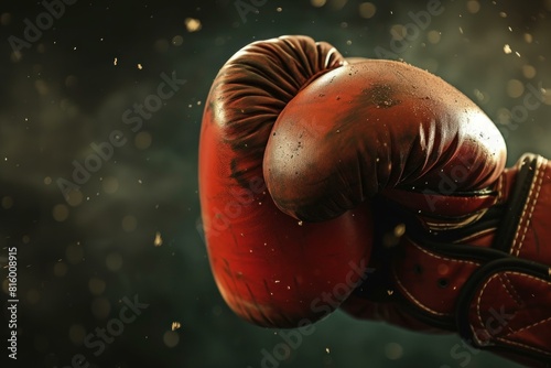Close-up of old leather boxing gloves in a dark, moody atmosphere with floating dust particles