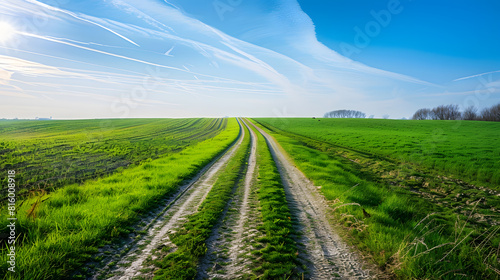 Green field with grass against the blue sky Country road in the middle of a field with winter crops in early spring Sunny weather in the countryside   Generative AI