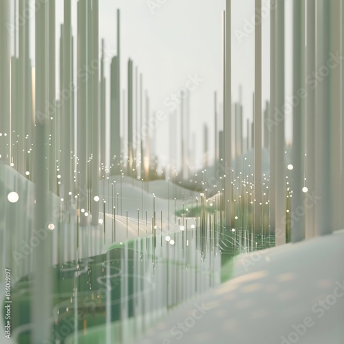 The photo is an abstract image of a data lake city in white green