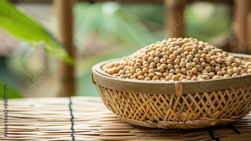 Soybean seeds kacang kedelai on bamboo bowl, food ingredients. Generative Ai
