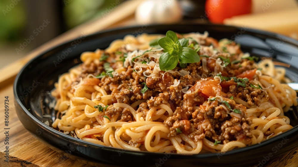 Spaghetti pasta bolognese in black plate. Generative Ai Spaghetti pasta bolognese in black plate. Generative Ai