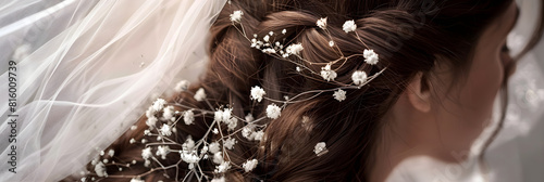 Romantic Bridal Hairstyle with Delicate Flowers and Silver Hairpiece on Long Hair photo