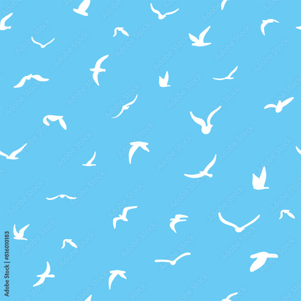 Flock of flying silhouette birds. Birds seamless pattern. White seagulls on a blue background.