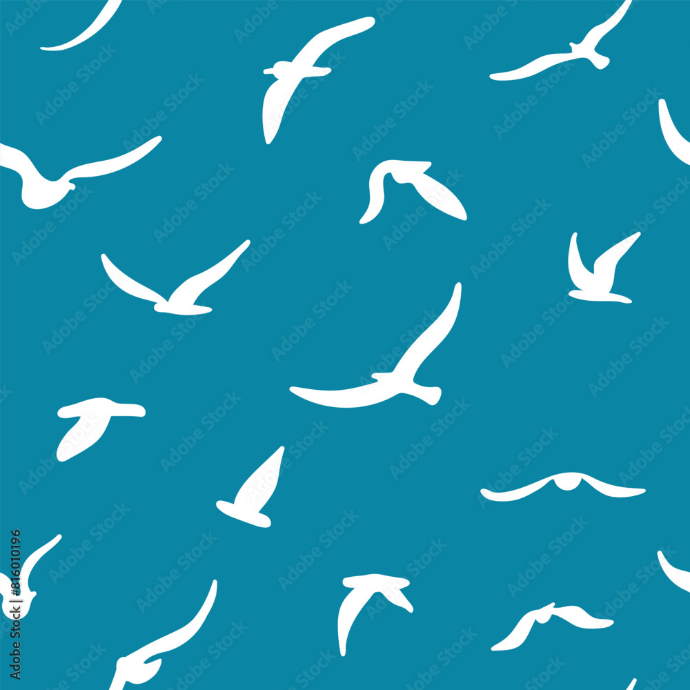 Flock of flying silhouette birds. Birds seamless pattern. White seagulls on a blue background. Flock of flying silhouette birds. Birds seamless pattern. White seagulls on a blue background.