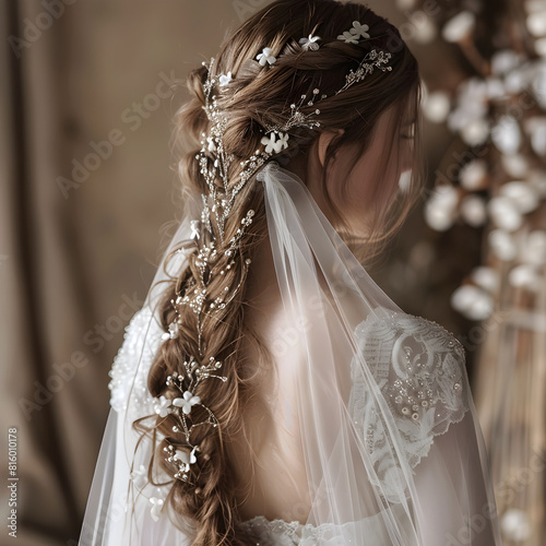 Romantic Bridal Hairstyle with Delicate Flowers and Silver Hairpiece on Long Hair photo