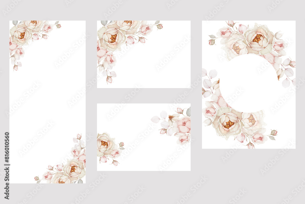 Fototapeta premium Set of wedding cards and invitations with roses and peonies.
