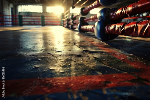 A serene, atmospheric shot of an empty boxing ring at sunset, with a warm light casting long shadows photo