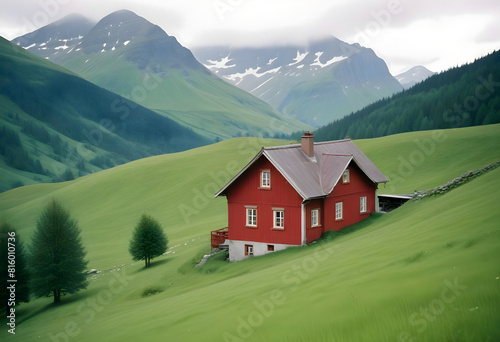 Isolated red house cabin in rural mountain slope landscape countryside. Typical northern European house 