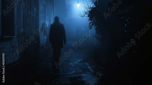 mysterious silhouette walking in dark foggy urban alley at night thriller concept
