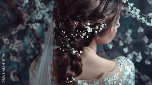 Romantic Bridal Hairstyle with Delicate Flowers and Silver Hairpiece on Long Hair photo