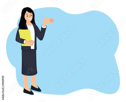 portrait businesswoman standing holding file with pose pointing finger up