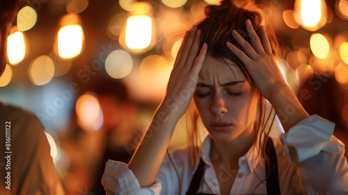 Waitress with Headache in Bar | Hands on Head with unbearable pain, Apron, People Drinking, Warm Lights, Blurred Background photo