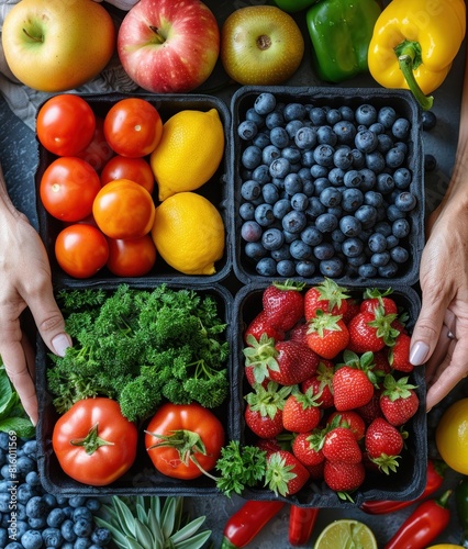 Hands holding fresh fruits and berries at the market