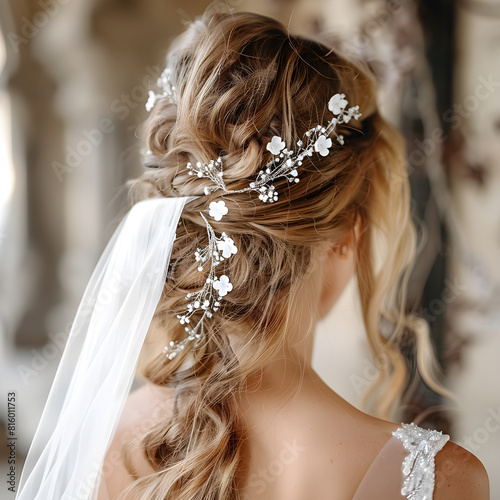 Romantic Bridal Hairstyle with Delicate Flowers and Silver Hairpiece on Long Hair photo