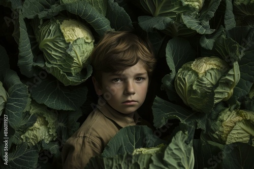 Young child surrounded by large, lush cabbage leaves in a moody setting photo