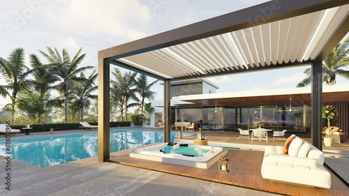 3D illustration of luxurious decor house with huge swimming pool and biocimlatic pergola. Side view zoom shot of villa with palm trees and whirlpool.