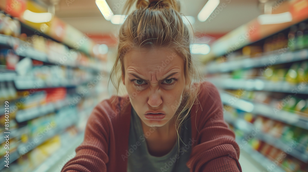 Stressed Shopping: Upset Angry Young Woman Pushing Shopping Cart, Rushing Through Supermarket Aisles – Retail Therapy, Grocery Shopping, Consumer Frustration Stressed Shopping: Upset Angry Young Woman Pushing Shopping Cart, Rushing Through Supermarket Aisles – Retail Therapy, Grocery Shopping, Consumer Frustration