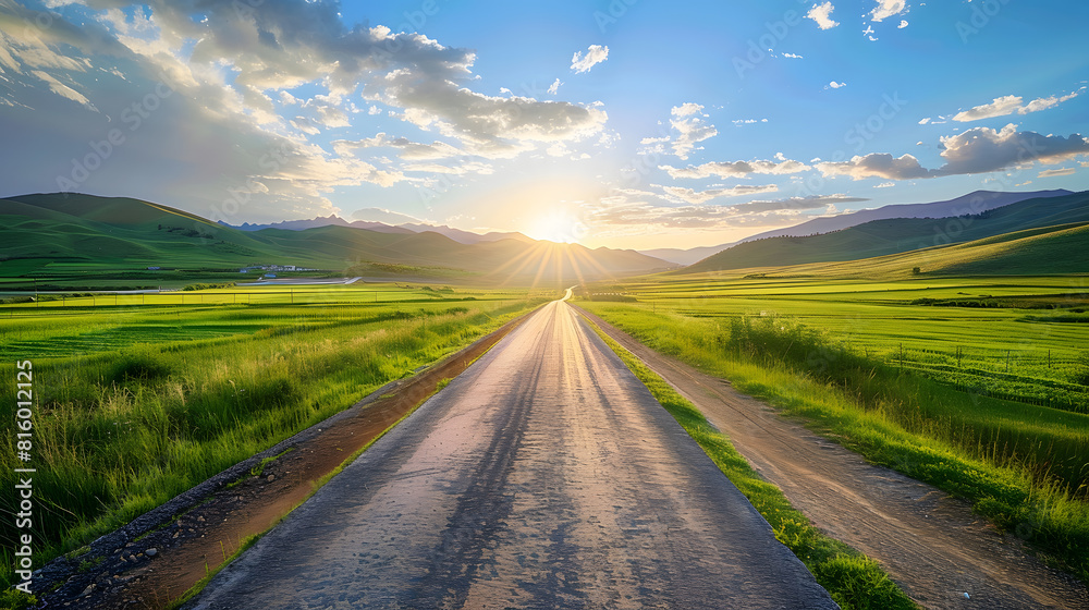 Fototapeta premium Straight country road and green farmland natural scenery at sunrise in Xinjiang China : Generative AI