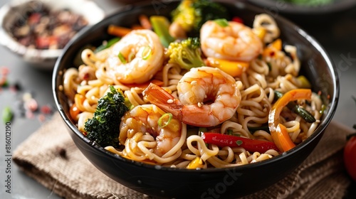 Stir fry noodles with vegetables and shrimps in black bowl. Generative Ai
