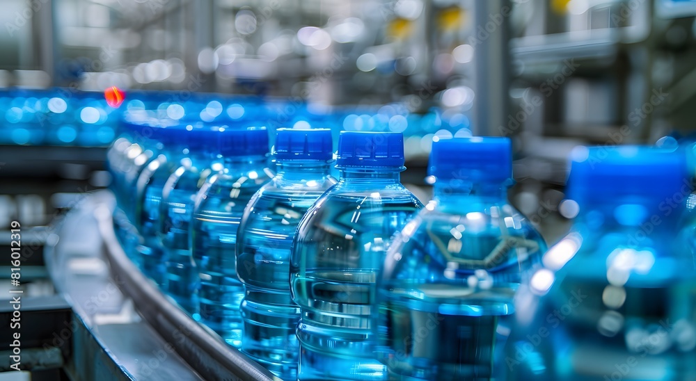 Blue water bottles on the production line in factory, blurred background Blue water bottles on the production line in factory, blurred background