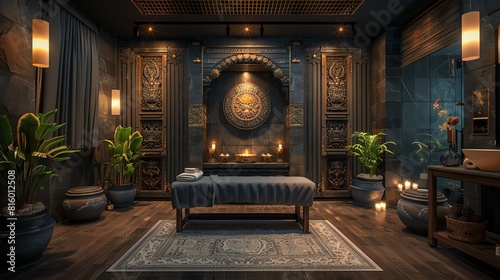 Tranquil Thai spa with an emphasis on herbal treatments, peaceful and harmonious environment with traditional decor photo