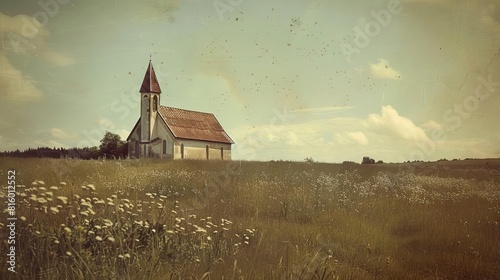 nostalgic vintage photograph of quaint old church in serene field evoking sense of timeless beauty and tranquility retro photography
