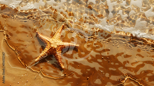 A beautiful beach with clear water and sand, a cute starfish is lying on the sandy shore
