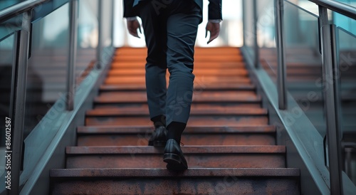 Businessman in a suit and shoes climbing the stairs of an office building  seen from behind  walking up to work