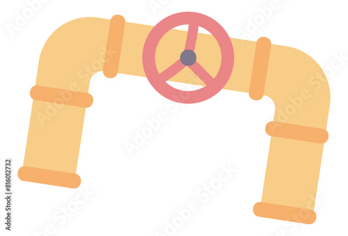 Oil pipeline in flat design. Pipe with red valve ball at refinery factory. Vector illustration isolated.