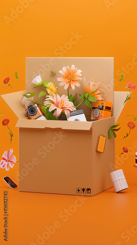 The cardboard box was open and contained personal items including flowers and other equipment photo