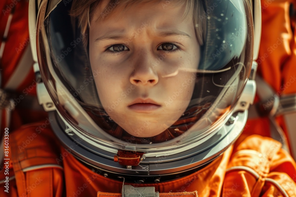 Portrait of a determined and visionary young child in an astronaut costume. Gazing up with anticipation and wonder Portrait of a determined and visionary young child in an astronaut costume. Gazing up with anticipation and wonder