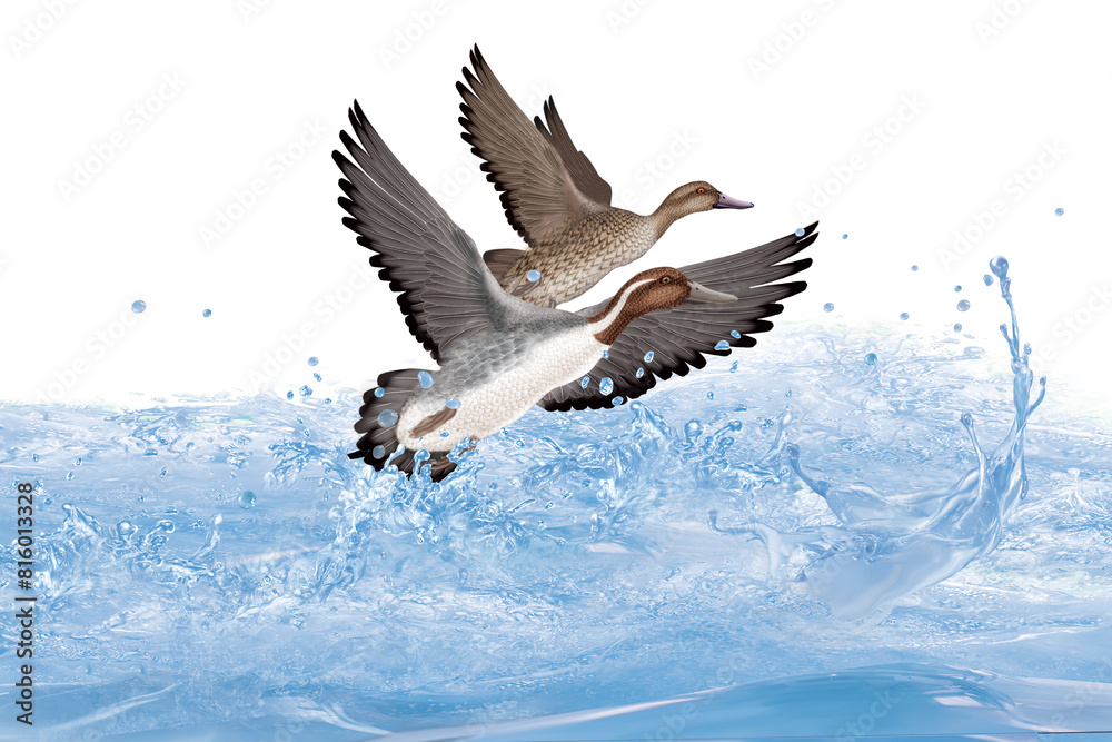 Obraz premium vol et survol de canard pilet au dessus des vague 
