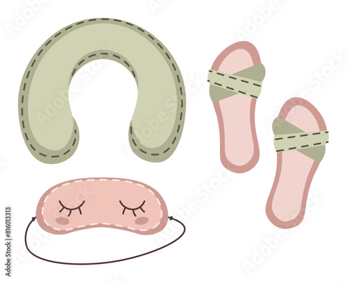 Set of things for a comfortable plane trip on an isolated background. Neck pillow, sleep mask and slippers. Vacation, travel around the world. Hand drawn. Colorful flat vector