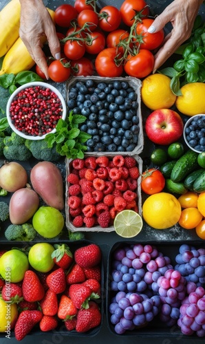 Hands holding fresh fruits and berries at the market