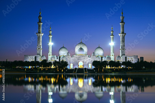 Amazing panoramic view of Sheikh Zayed Grand Mosque in the night with backlight in Abu Dhabi
