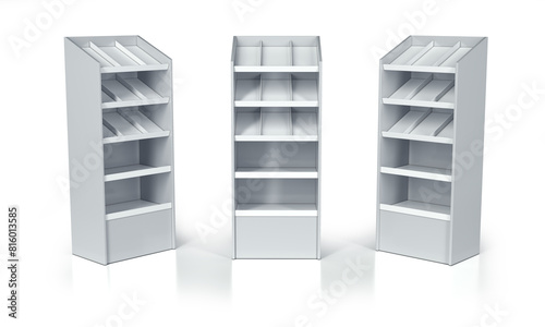 Retail cardboard display stands mockups. Temporary POS. 3d illustration set on white background 