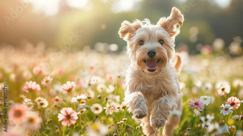 Generate an image of a lovely pet frolicking in a field of flowers