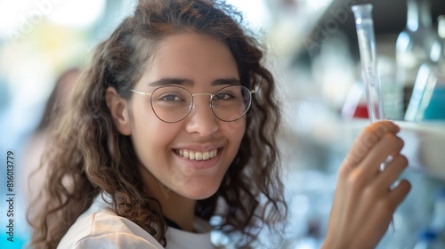 Scientist student woman holding pipette in lab smile female curly hair with eyeglasses