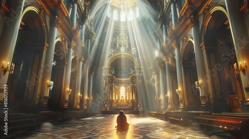 person praying and worshipping in majestic church cathedral spiritual scene photo
