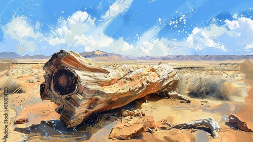 petrified wood in arid desert rock landscape ancient fossilized tree trunk geological wonder digital painting
