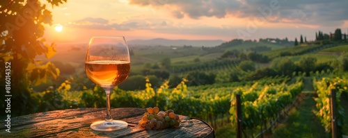 Serene Sunset Overlooking Tuscan Vineyard Landscape with Glass of Wine